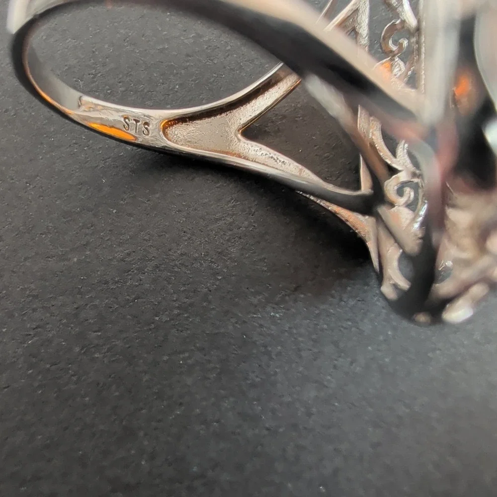 STS Jewels Sterling Silver & Cognac Amber Pebbled Filigree Statement Ring